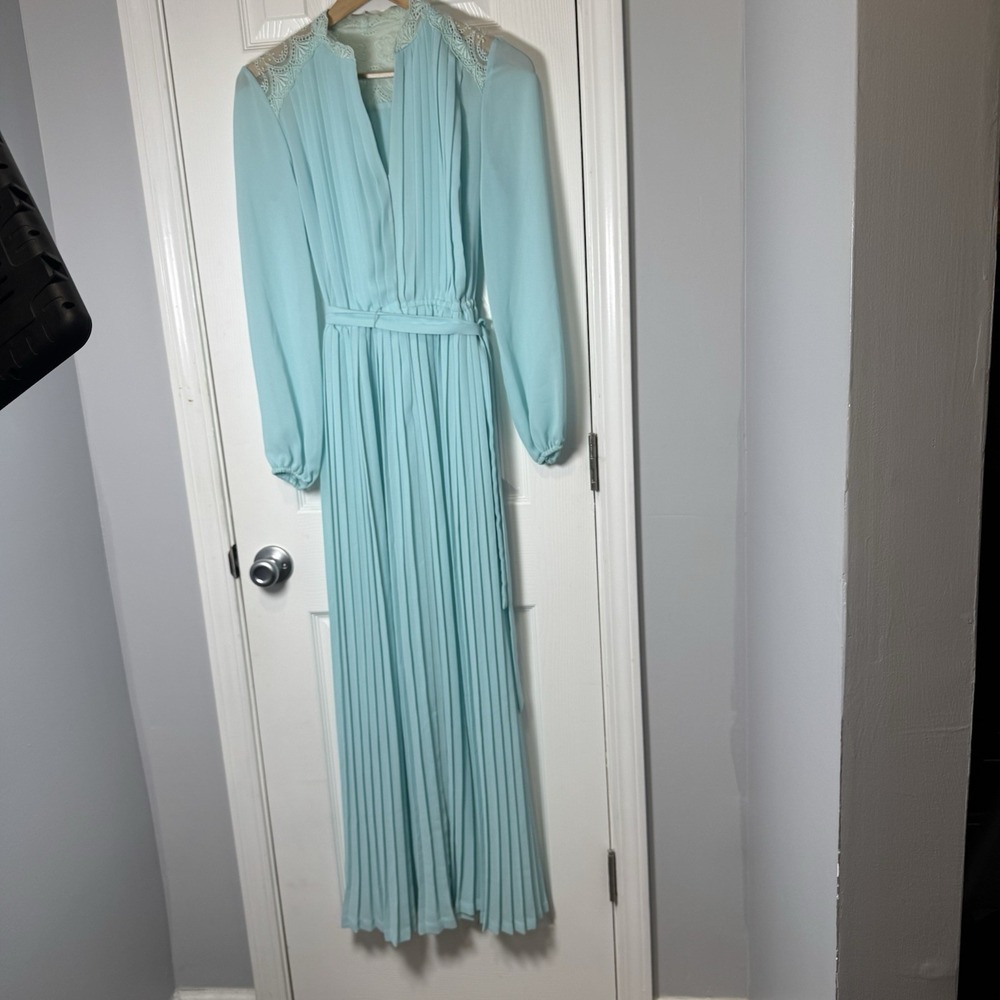 Vintage 70's Blue Maxi Dress Gown Chiffon Mock Neck Lace Evening Gatsby M/L - Picture 2 of 9